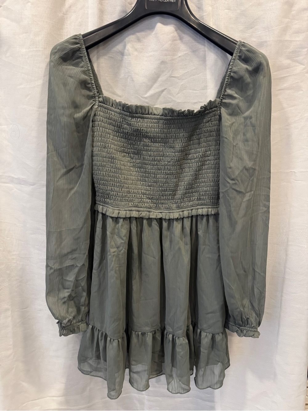 Forever 21 Sage Green Smocked Square-Neck Long Sleeve Mini Dress